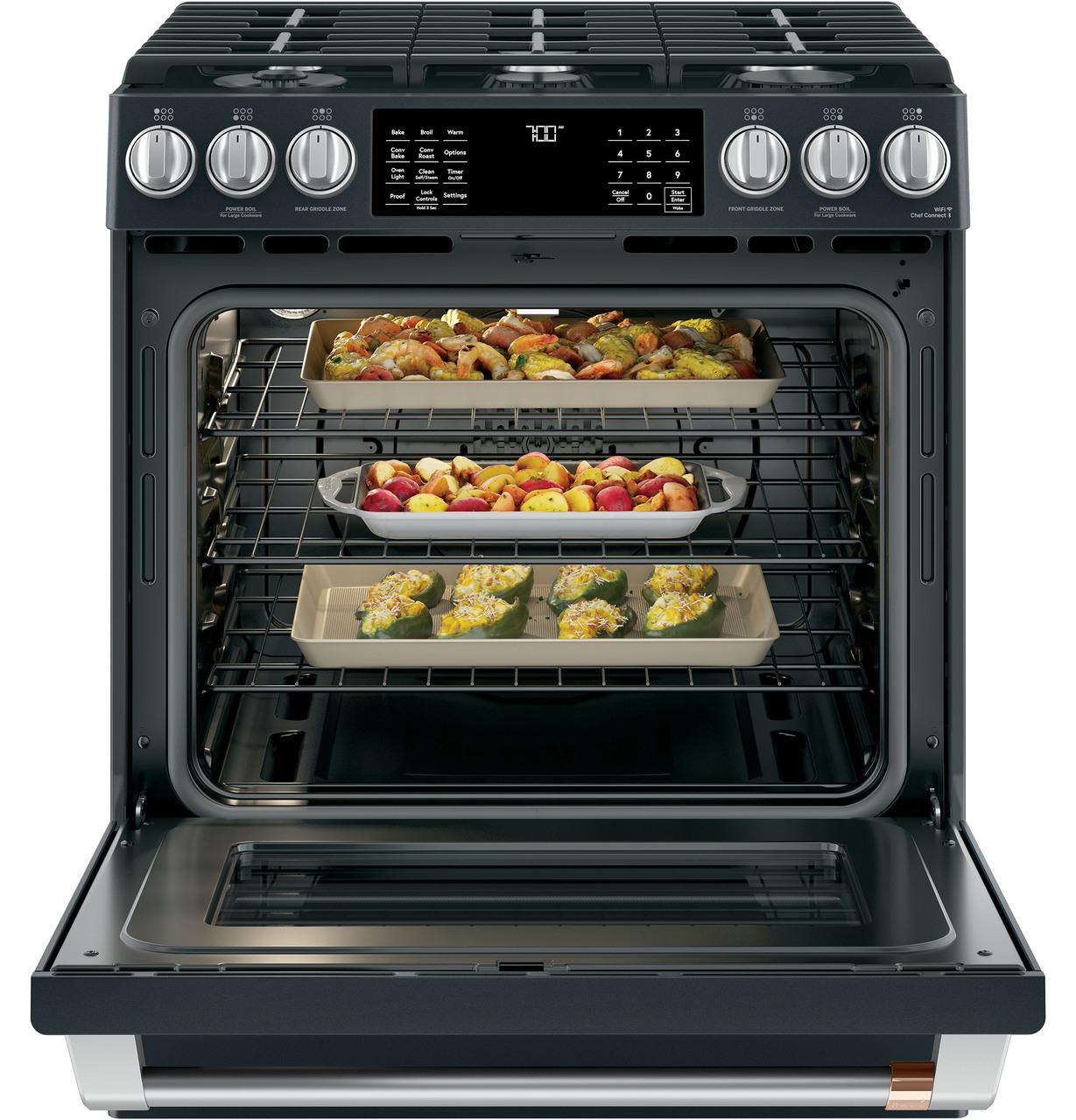 Cafe Caf(eback)™ 30" Smart Slide-In, Front-Control, Gas Range with Convection Oven