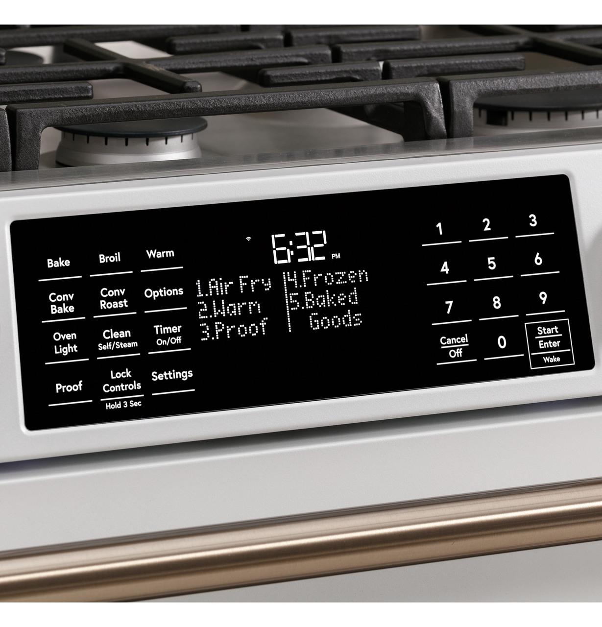 Cafe Caf(eback)™ 30" Smart Slide-In, Front-Control, Gas Range with Convection Oven in Platinum Glass