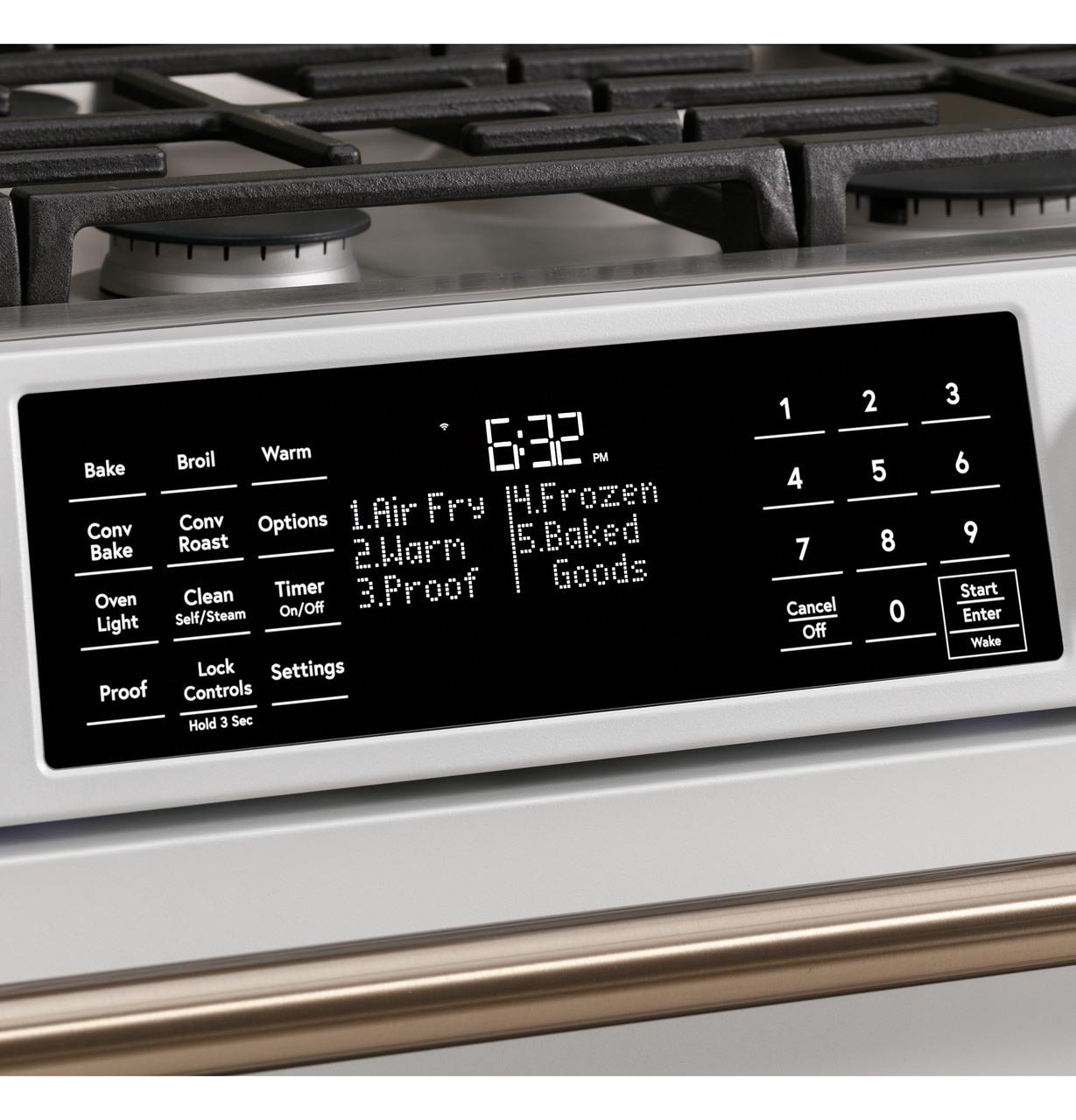 Cafe CGS700M2NS5 Caf(eback)™ 30" Smart Slide-In, Front-Control, Gas Range with Convection Oven in Platinum Glass