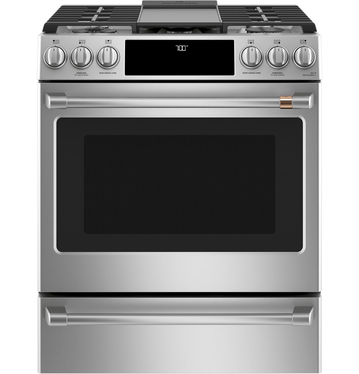 Cafe Caf(eback)™ 30" Smart Slide-In, Front-Control, Gas Range with Convection Oven