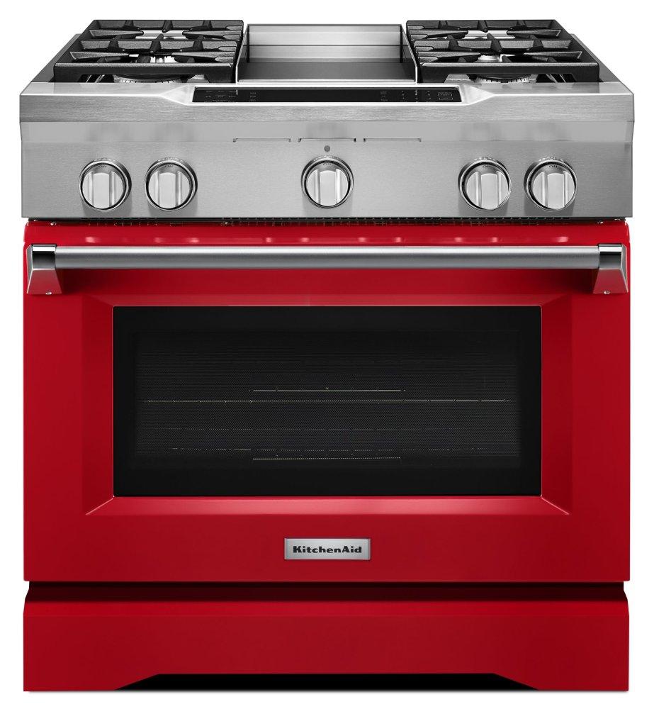 Kitchenaid KDRS463VSD 36'' 4-Burner with Griddle, Dual Fuel Freestanding Range, Commercial-Style - Signature Red