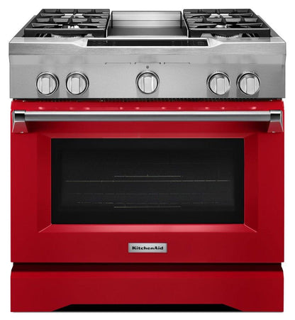 Kitchenaid KDRS463VSD 36'' 4-Burner with Griddle, Dual Fuel Freestanding Range, Commercial-Style - Signature Red