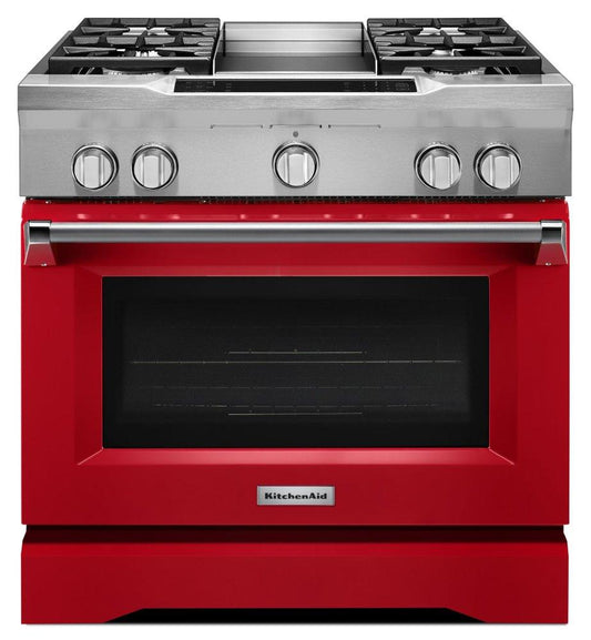Kitchenaid KDRS463VSD 36'' 4-Burner with Griddle, Dual Fuel Freestanding Range, Commercial-Style - Signature Red