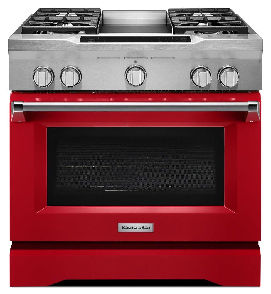 Kitchenaid 36'' 4-Burner with Griddle, Dual Fuel Freestanding Range, Commercial-Style - Signature Red