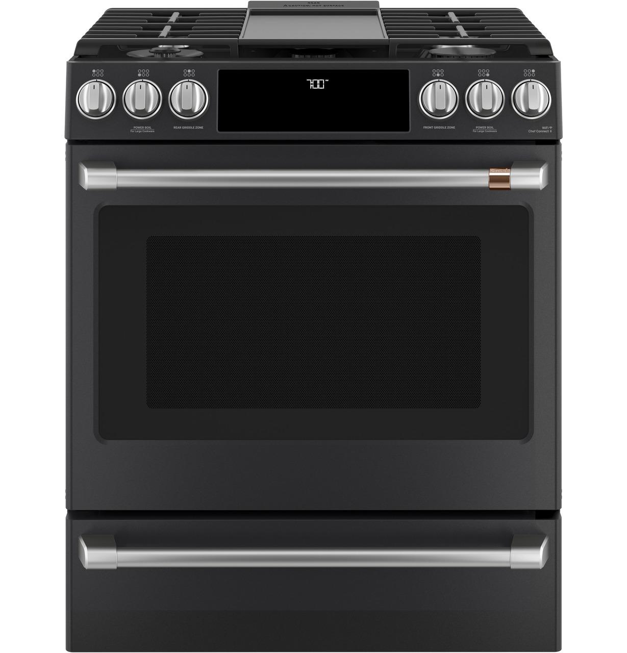 Cafe Caf(eback)™ 30" Smart Slide-In, Front-Control, Gas Range with Convection Oven