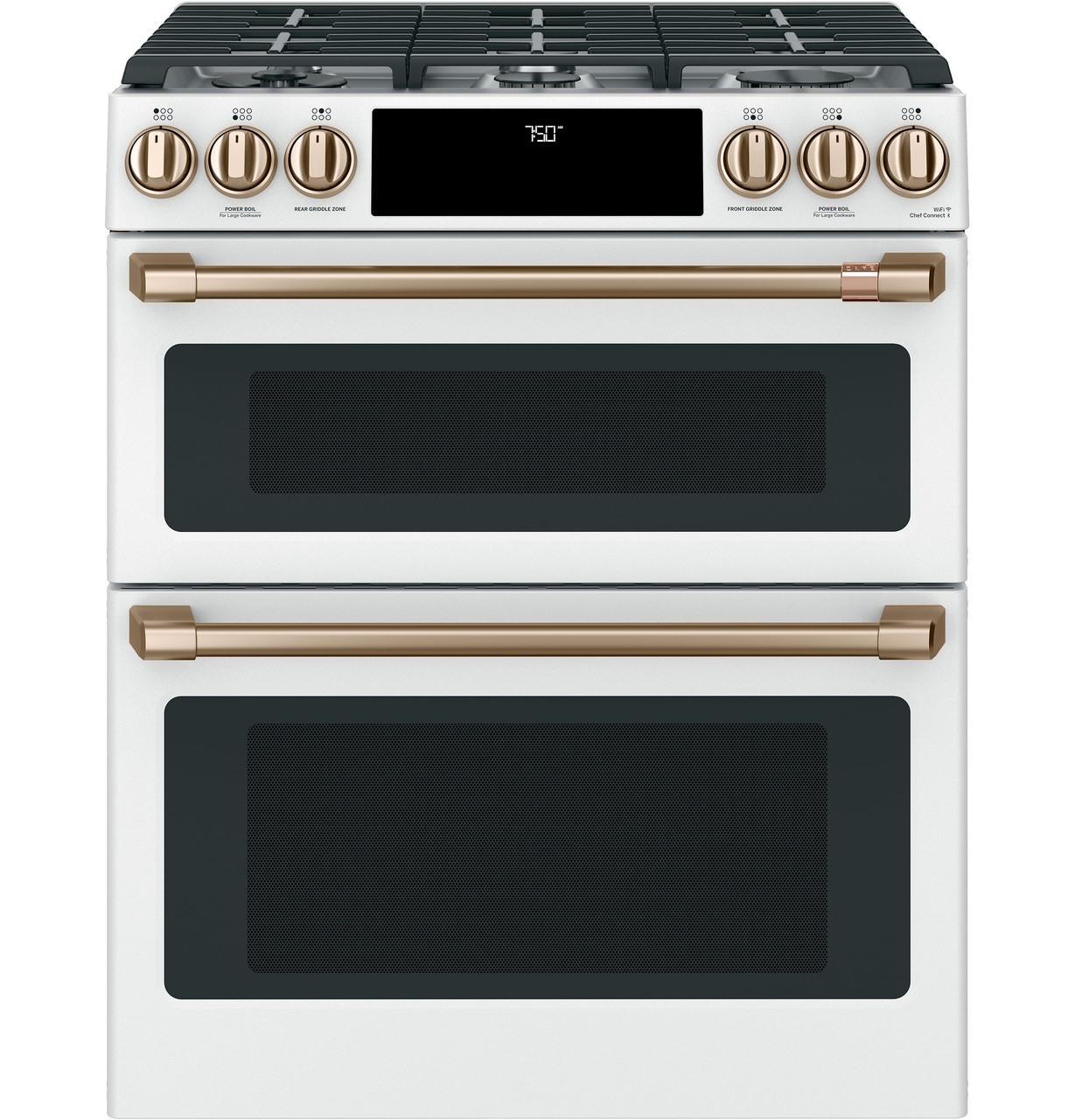 Cafe CGS750P4MW2 Caf(eback)™ 30" Smart Slide-In, Front-Control, Gas Double-Oven Range with Convection