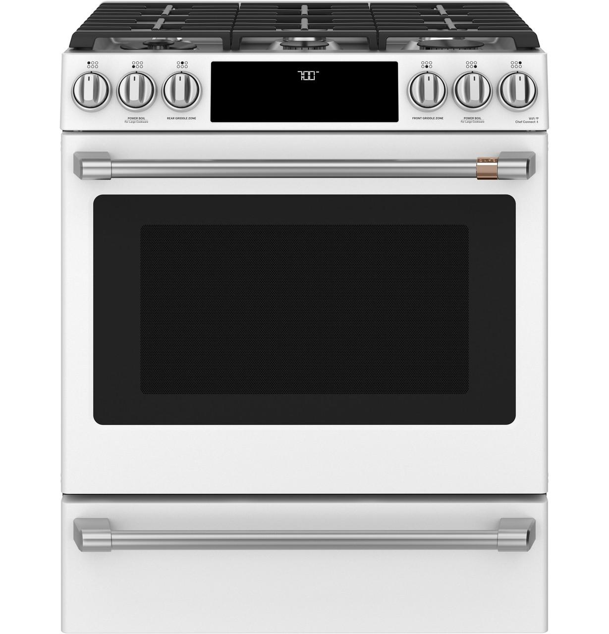 Cafe Caf(eback)™ 30" Smart Slide-In, Front-Control, Gas Range with Convection Oven