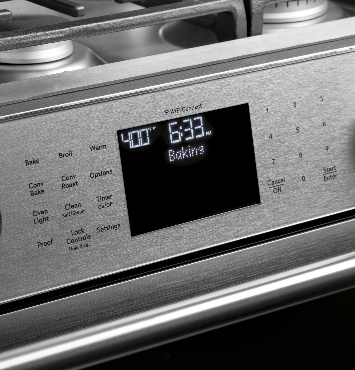 Cafe Caf(eback)™ 30" Smart Slide-In, Front-Control, Gas Range with Convection Oven in Platinum Glass