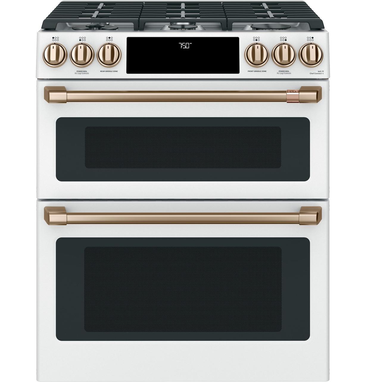Cafe Caf(eback)™ 30" Smart Slide-In, Front-Control, Gas Double-Oven Range with Convection