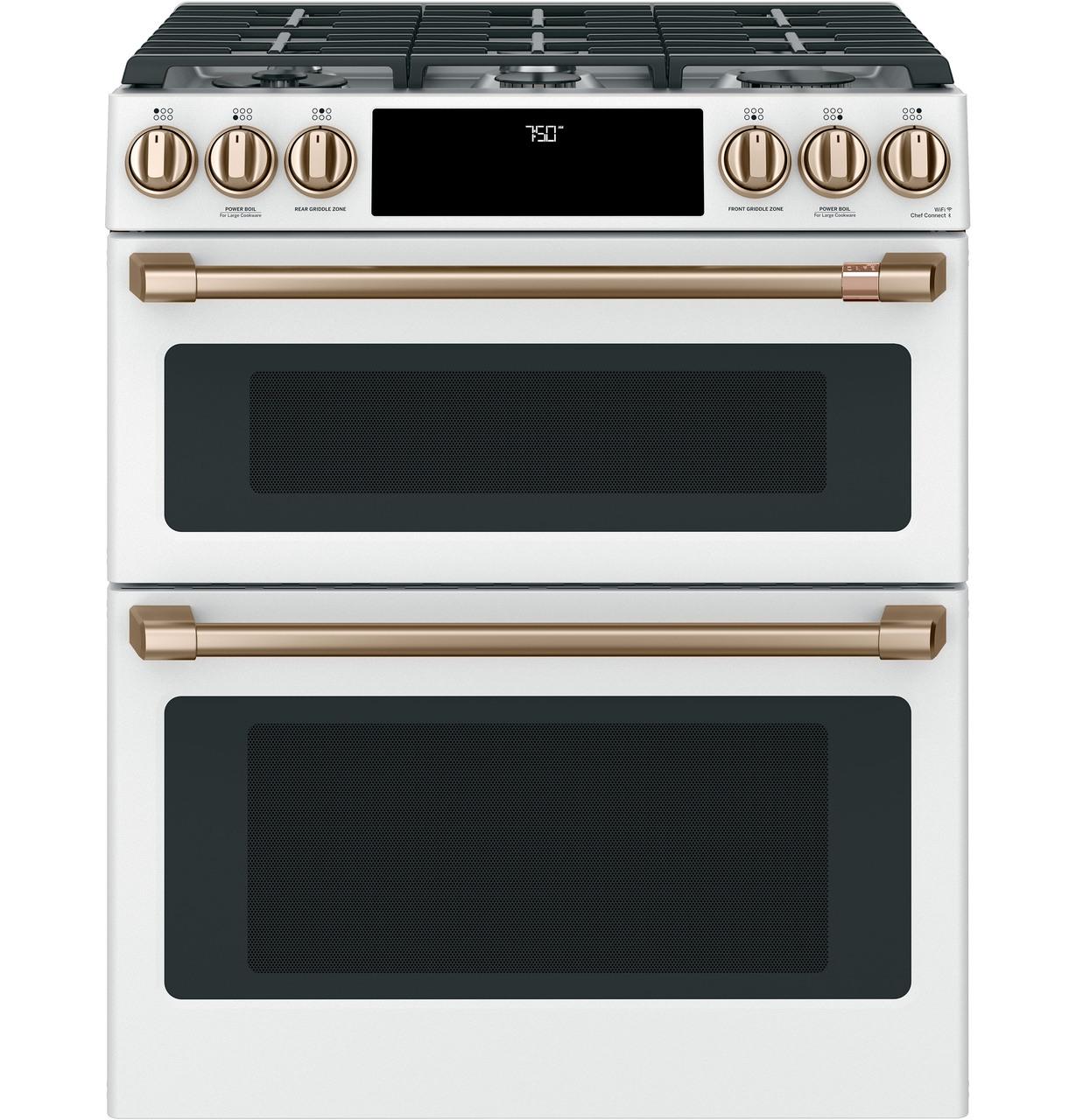 Cafe CGS750P4MW2 CAF(EBACK)™ 30" Smart Slide-In, Front-Control, Gas Double-Oven Range with Convection