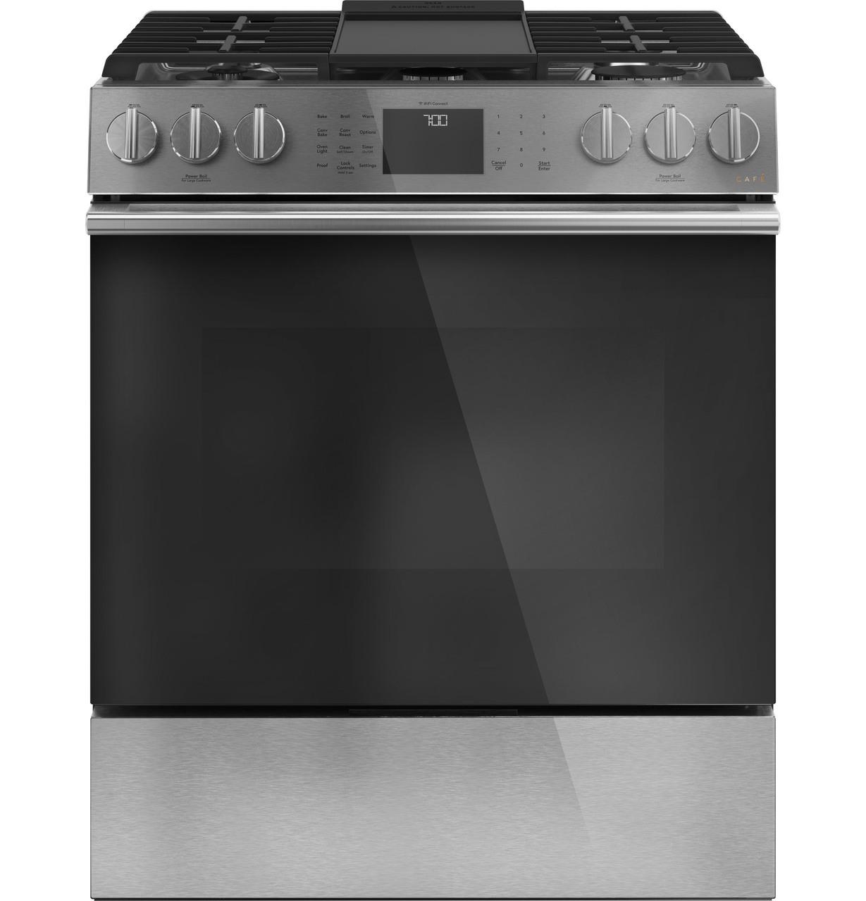 Cafe Caf(eback)™ 30" Smart Slide-In, Front-Control, Gas Range with Convection Oven in Platinum Glass