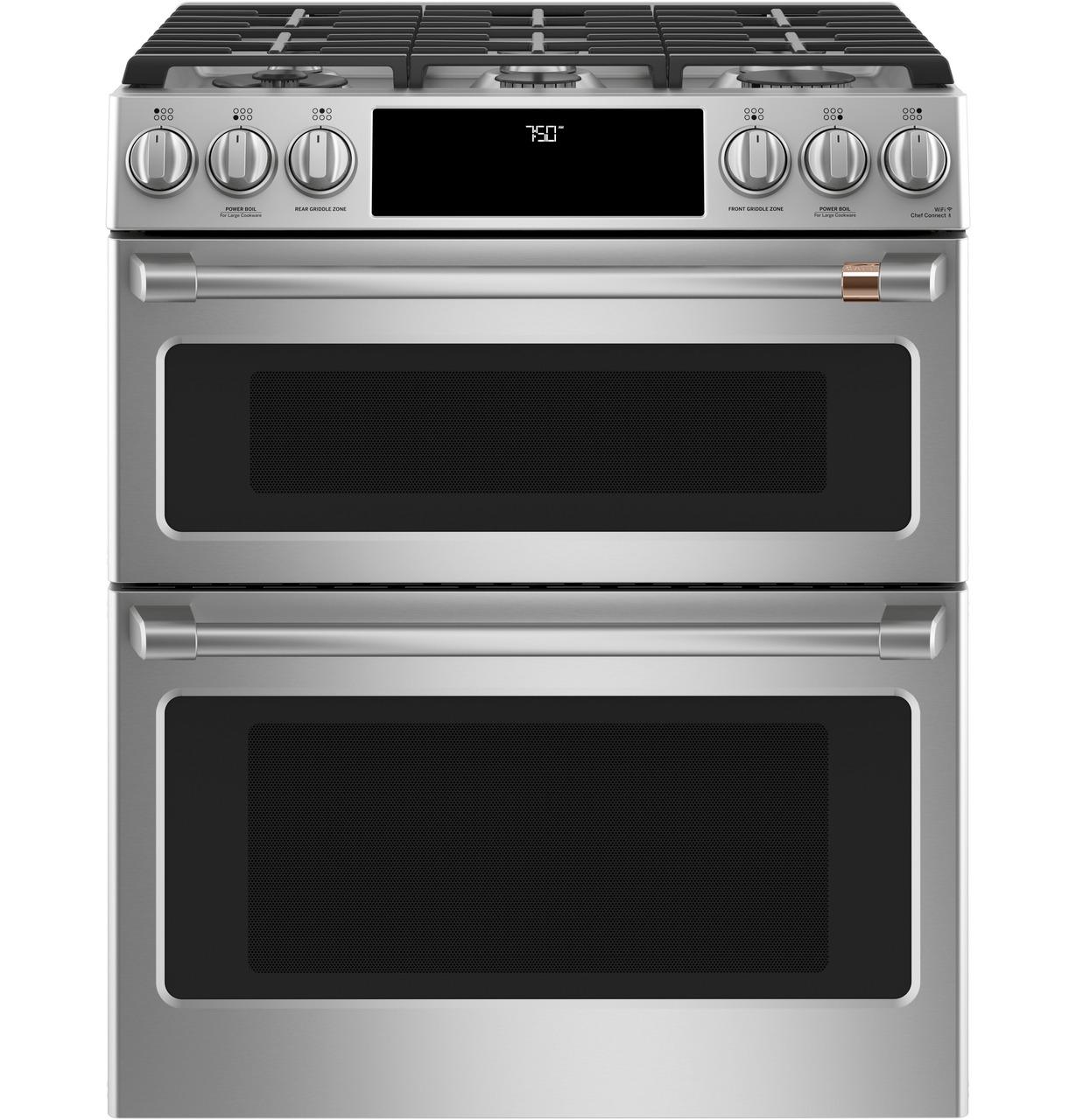 Cafe Caf(eback)™ 30" Smart Slide-In, Front-Control, Gas Double-Oven Range with Convection