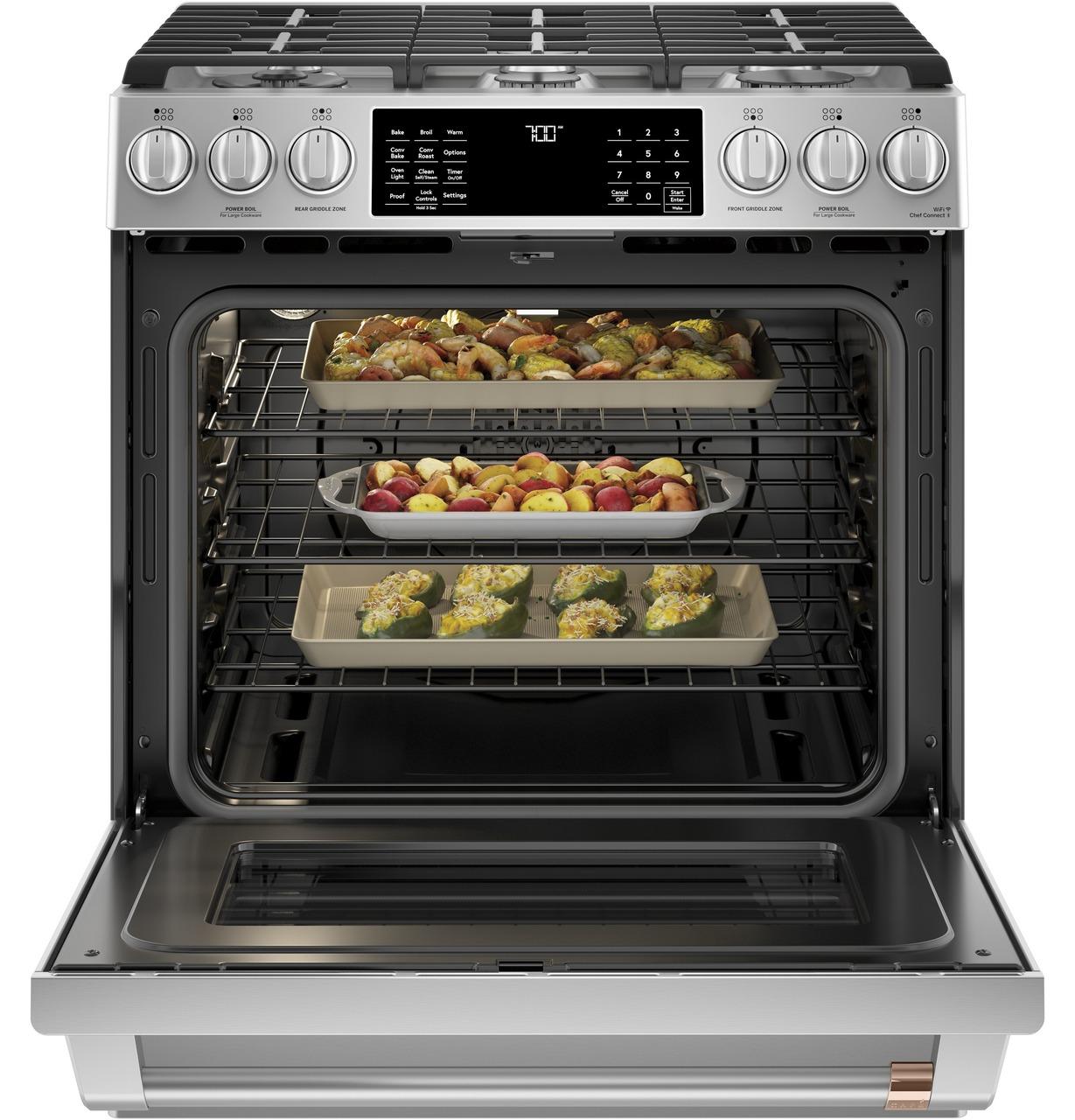 Cafe Caf(eback)™ 30" Smart Slide-In, Front-Control, Gas Range with Convection Oven