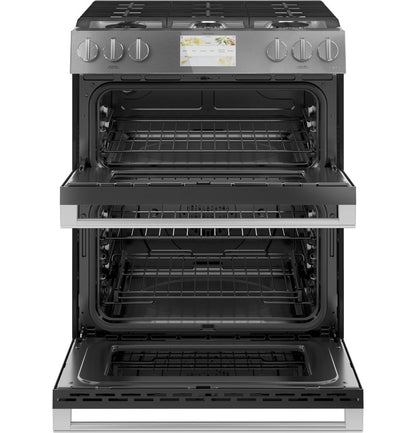 Caf(eback)™ 30" Smart Slide-In, Front-Control, Dual-Fuel, Double-Oven Range with Convection in Platinum Glass