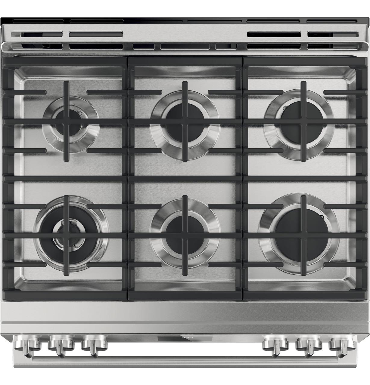 Cafe CGS700M2NS5 CAF(EBACK)™ 30" Smart Slide-In, Front-Control, Gas Range with Convection Oven in Platinum Glass