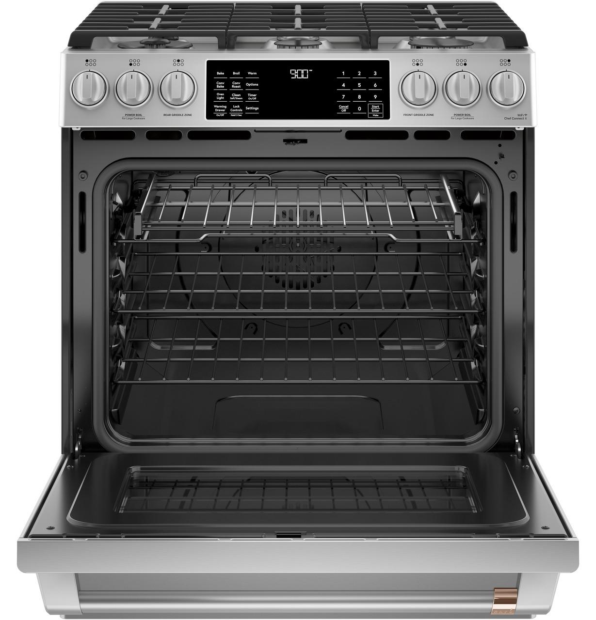 Cafe Caf(eback)™ 30" Smart Slide-In, Front-Control, Dual-Fuel Range with Warming Drawer