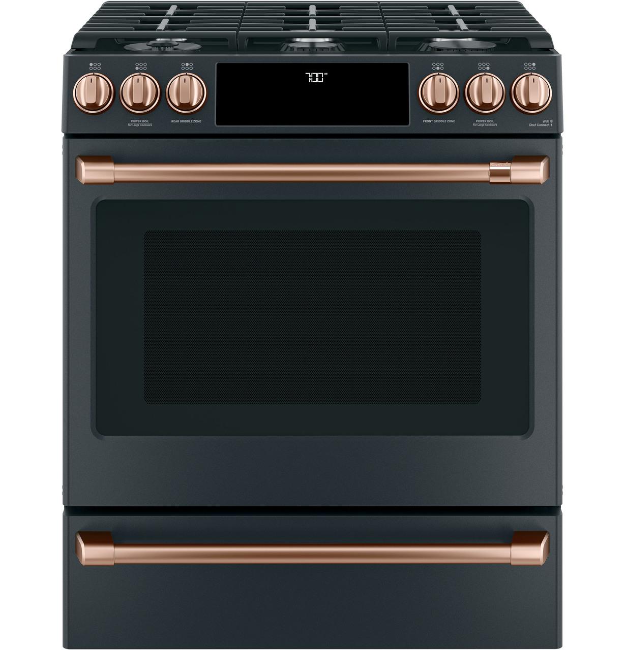 Cafe Caf(eback)™ 30" Smart Slide-In, Front-Control, Gas Range with Convection Oven