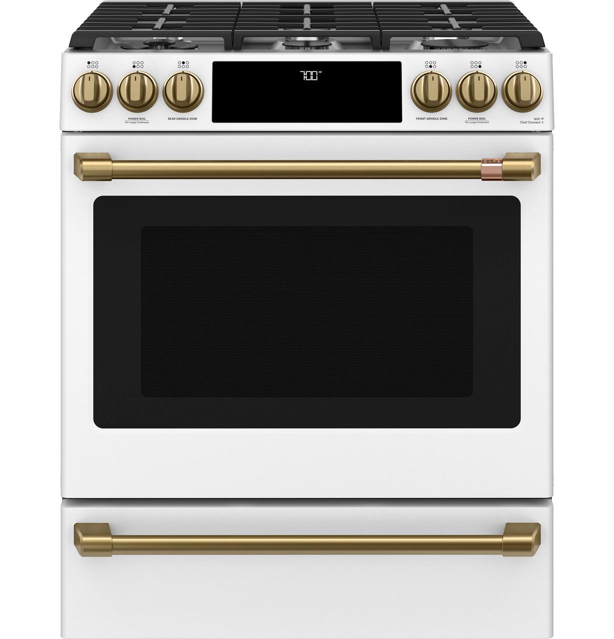 Cafe Caf(eback)™ 30" Smart Slide-In, Front-Control, Gas Range with Convection Oven