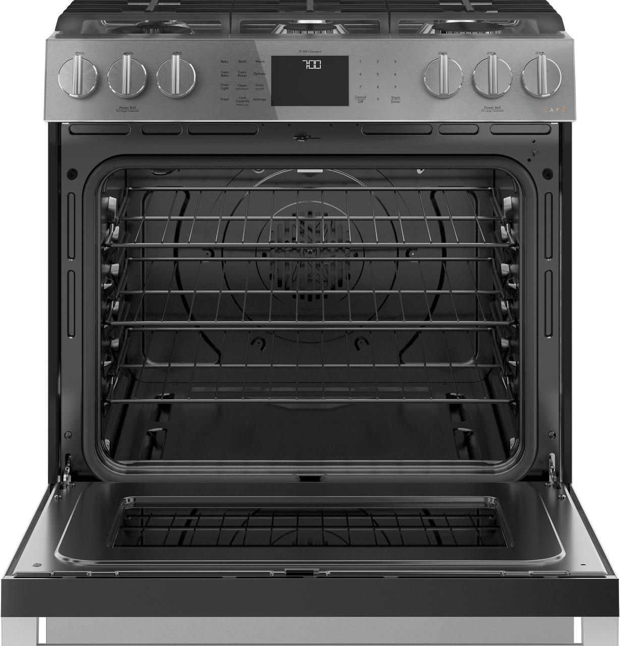 Cafe Caf(eback)™ 30" Smart Slide-In, Front-Control, Gas Range with Convection Oven in Platinum Glass