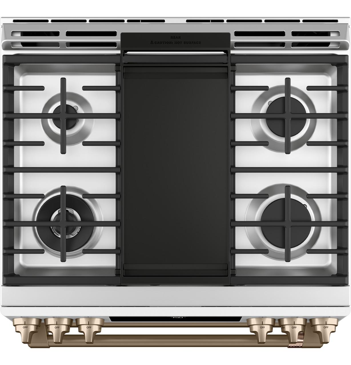 Cafe Caf(eback)™ 30" Smart Slide-In, Front-Control, Gas Double-Oven Range with Convection