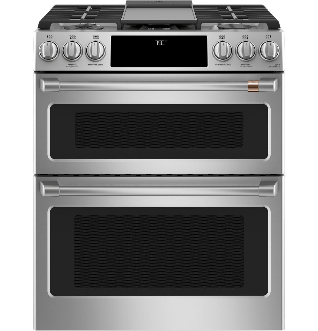 Cafe Caf(eback)™ 30" Smart Slide-In, Front-Control, Gas Double-Oven Range with Convection