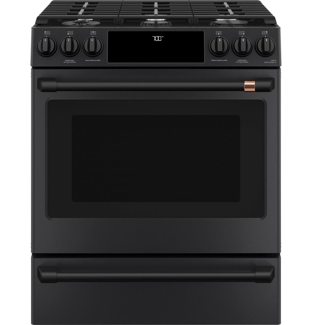 Cafe Caf(eback)™ 30" Smart Slide-In, Front-Control, Gas Range with Convection Oven