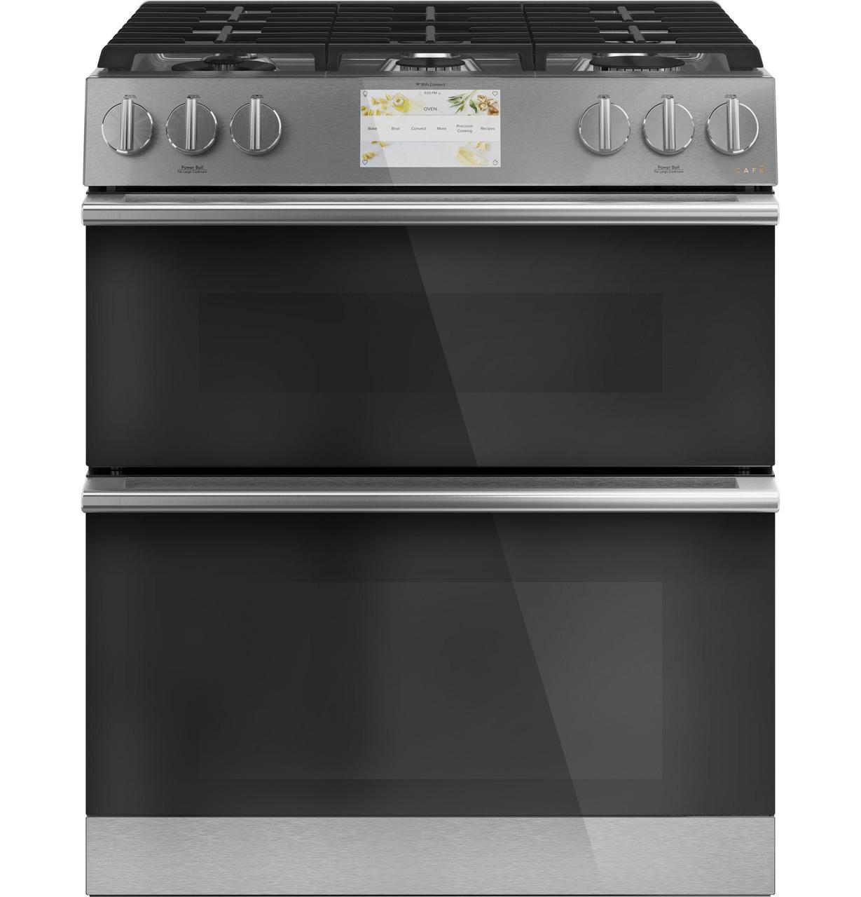 Caf(eback)™ 30" Smart Slide-In, Front-Control, Dual-Fuel, Double-Oven Range with Convection in Platinum Glass