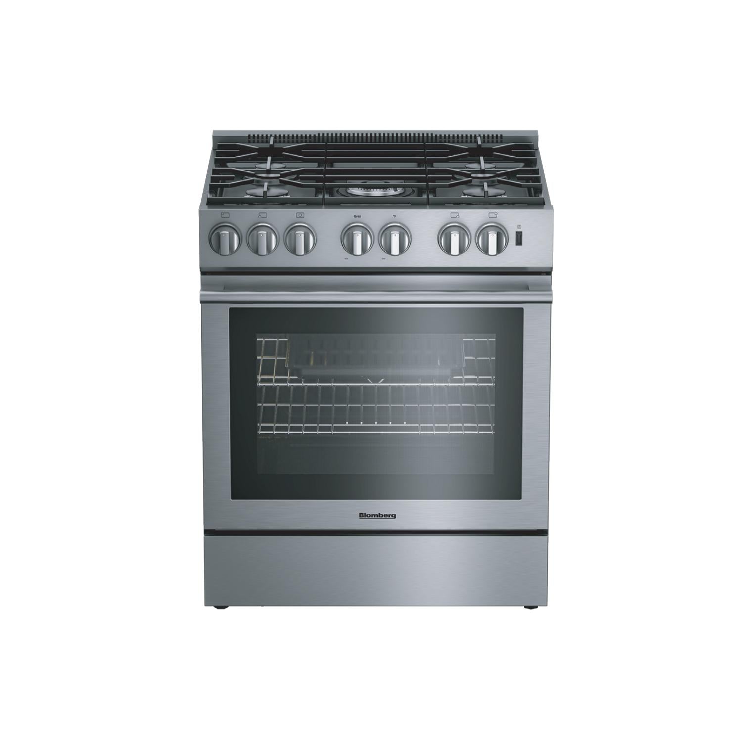 Blomberg Appliances 30in Dual Fuel 5 burner range with 5.7 cu ft self clean oven, slide-in style