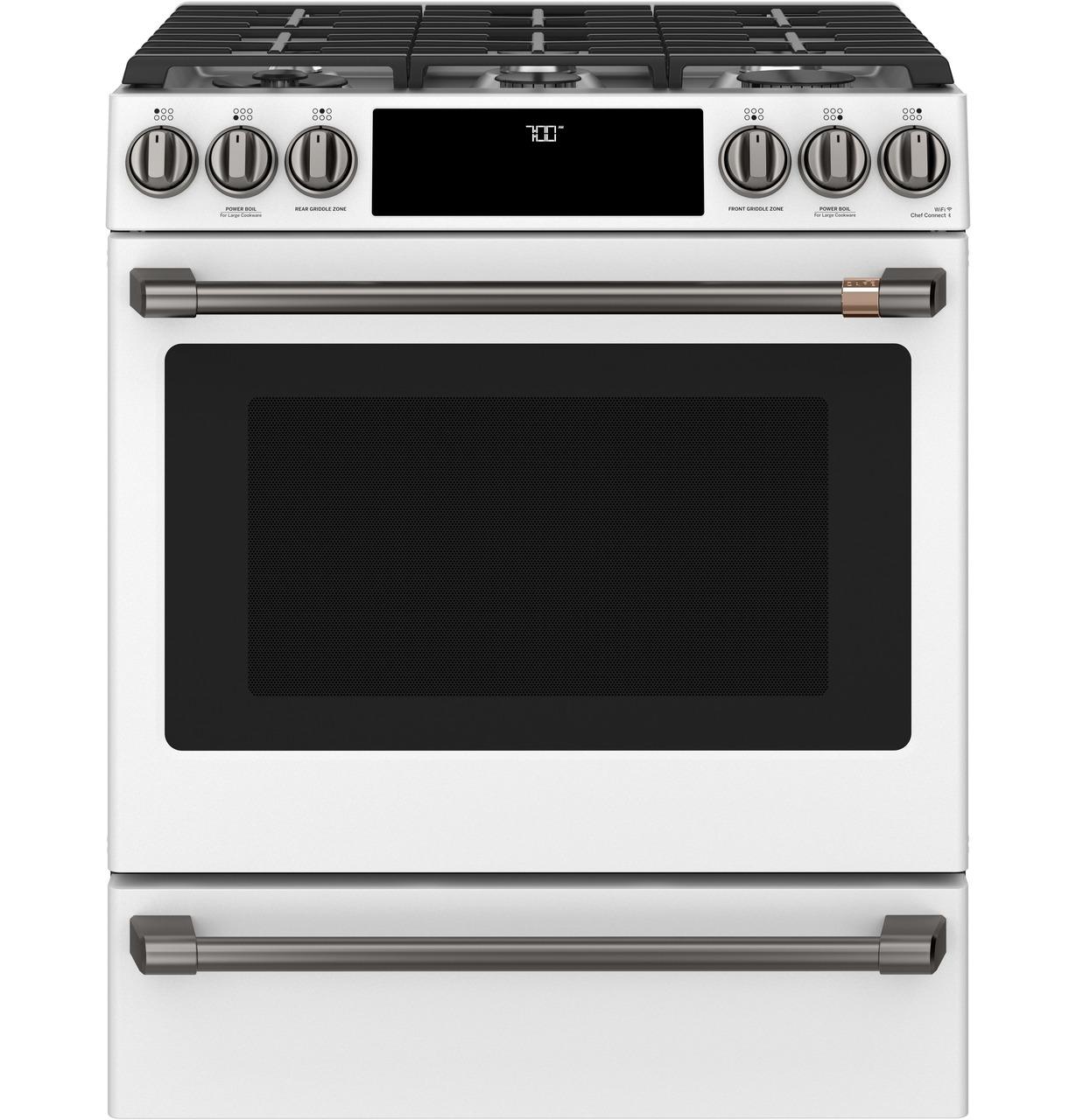 Cafe Caf(eback)™ 30" Smart Slide-In, Front-Control, Gas Range with Convection Oven