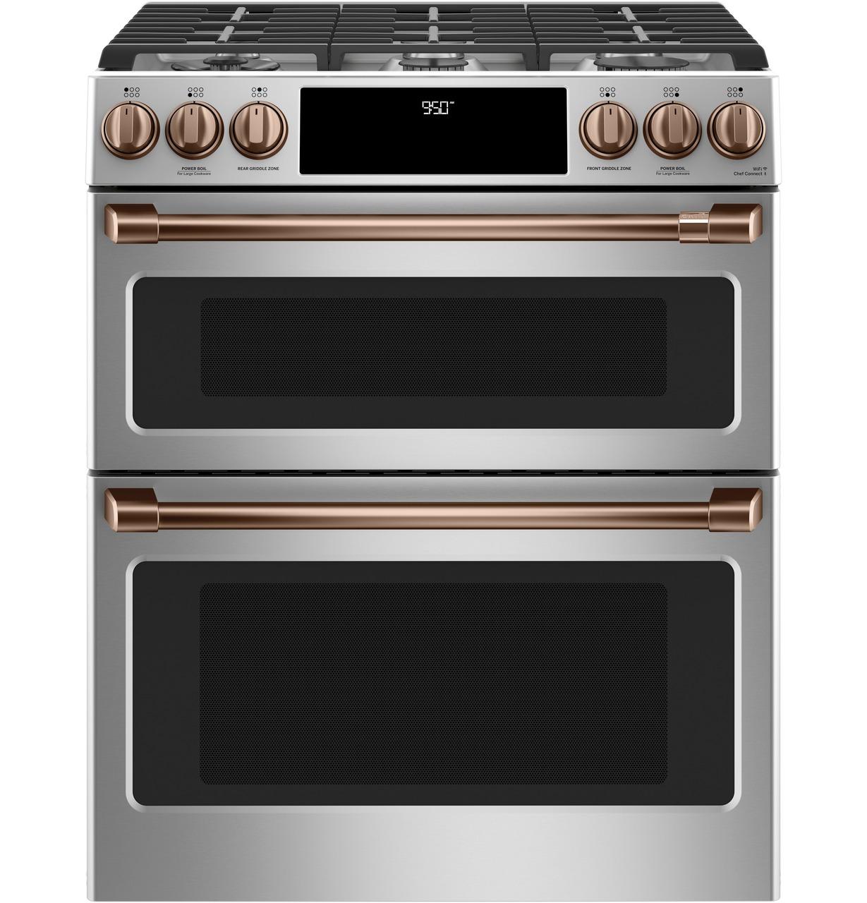 Cafe Caf(eback)™ 30" Smart Slide-In, Front-Control, Dual-Fuel, Double-Oven Range with Convection