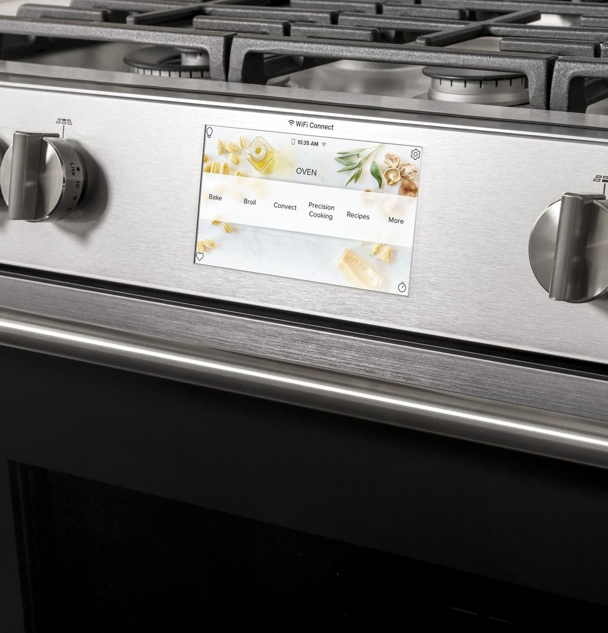 Caf(eback)™ 30" Smart Slide-In, Front-Control, Dual-Fuel, Double-Oven Range with Convection in Platinum Glass
