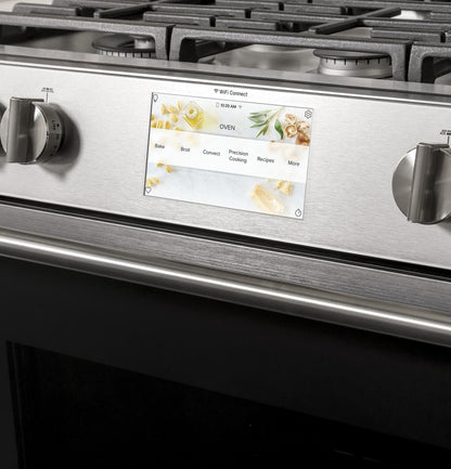 Caf(eback)™ 30" Smart Slide-In, Front-Control, Dual-Fuel, Double-Oven Range with Convection in Platinum Glass