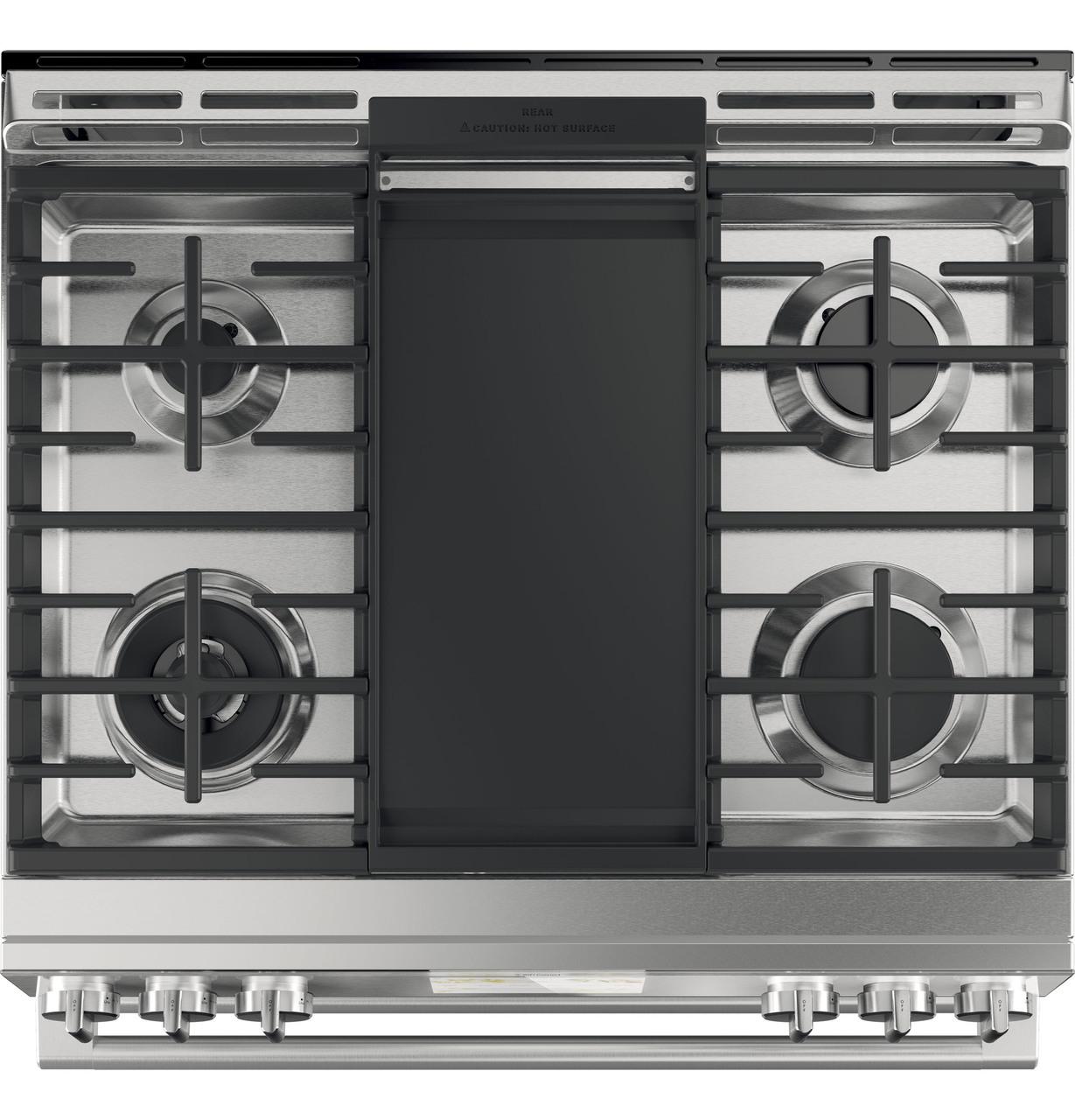 Caf(eback)™ 30" Smart Slide-In, Front-Control, Dual-Fuel, Double-Oven Range with Convection in Platinum Glass