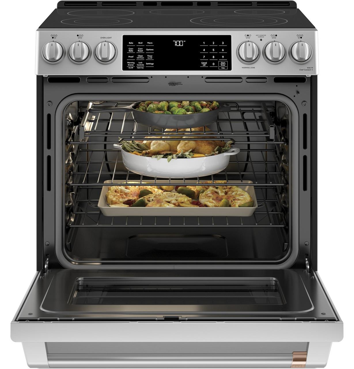 Cafe Caf(eback)™ 30" Smart Slide-In, Front-Control, Radiant and Convection Range