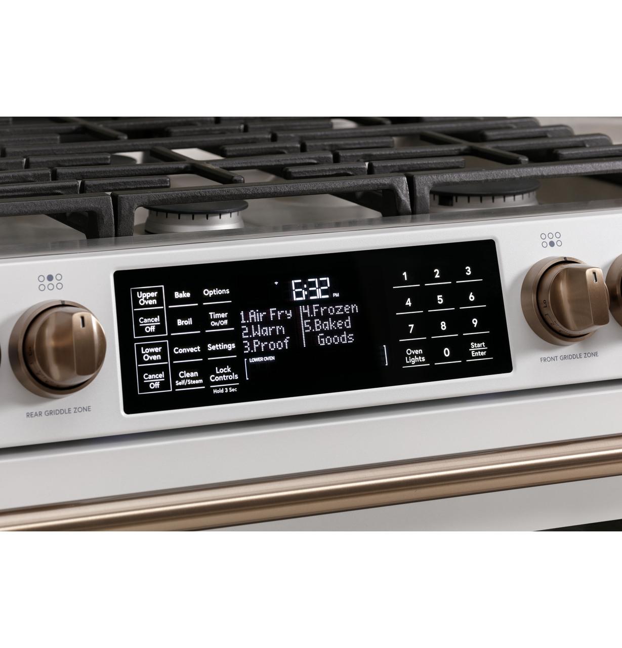 Cafe CGS750P4MW2 CAF(EBACK)™ 30" Smart Slide-In, Front-Control, Gas Double-Oven Range with Convection