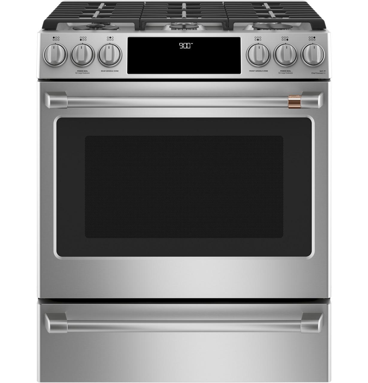 Cafe C2S900P2MS1 CAF(EBACK)™ 30" Smart Slide-In, Front-Control, Dual-Fuel Range with Warming Drawer