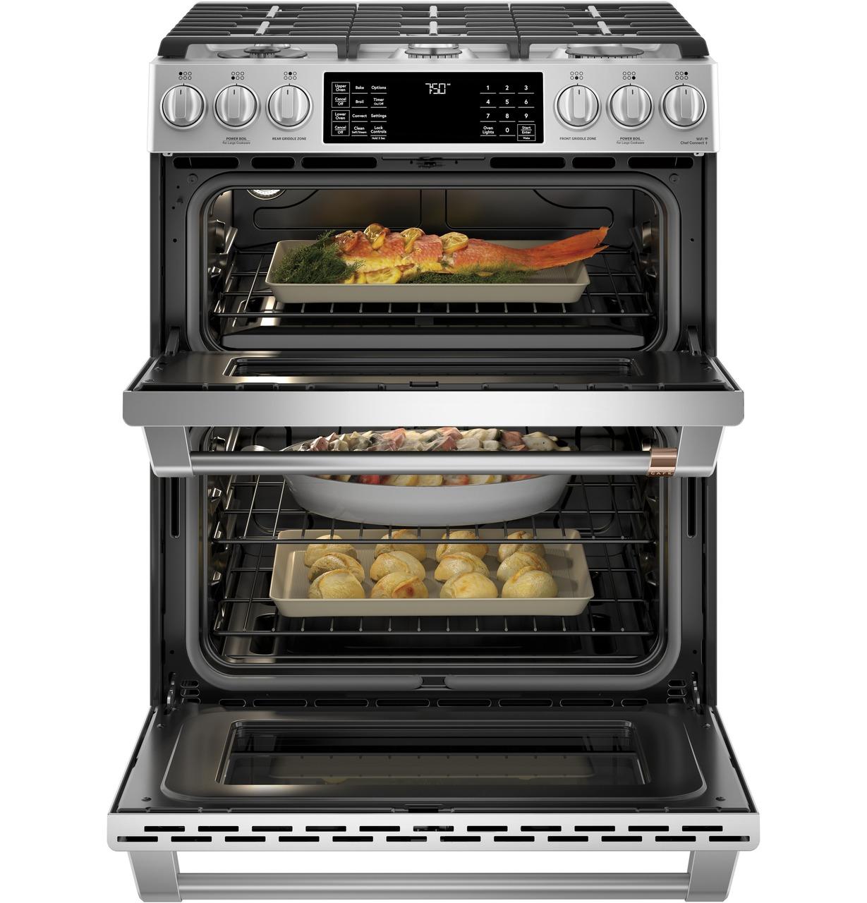 Cafe Caf(eback)™ 30" Smart Slide-In, Front-Control, Gas Double-Oven Range with Convection