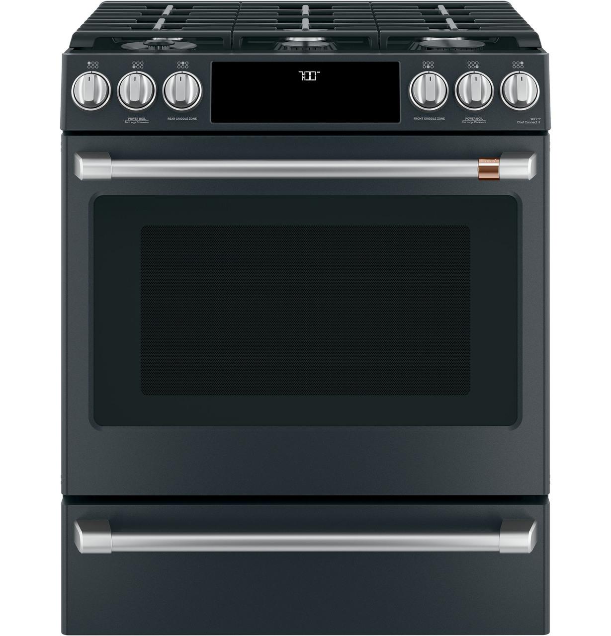 Cafe Caf(eback)™ 30" Smart Slide-In, Front-Control, Gas Range with Convection Oven