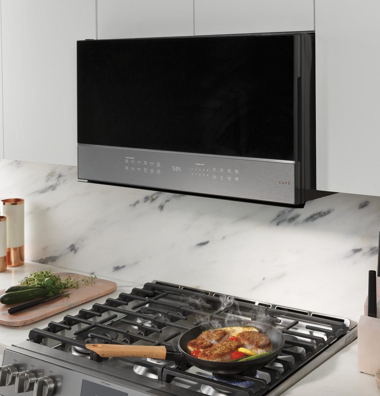 Cafe Caf(eback)™ 2.1 Cu. Ft. Smart Over-the-Range Microwave Oven in Platinum Glass