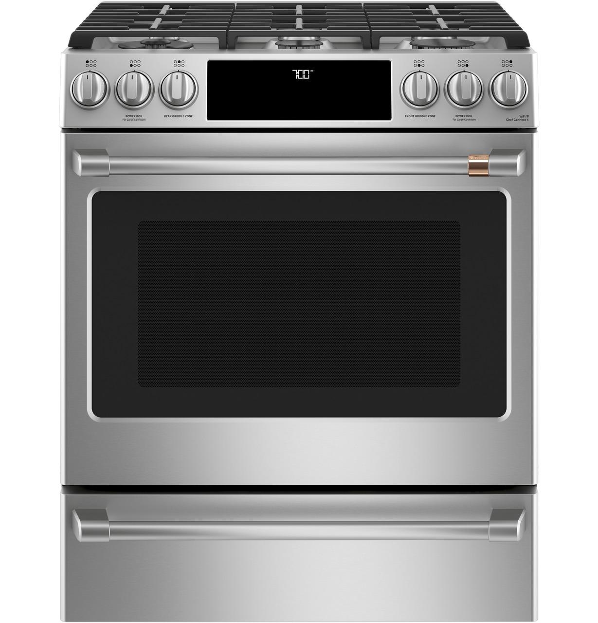 Cafe Caf(eback)™ 30" Smart Slide-In, Front-Control, Gas Range with Convection Oven