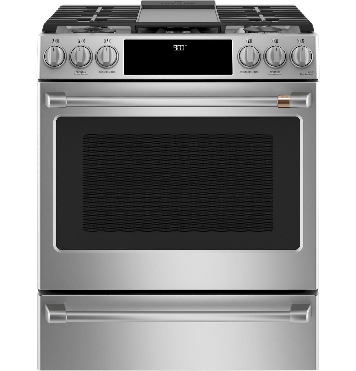 Cafe C2S900P2MS1 Caf(eback)™ 30" Smart Slide-In, Front-Control, Dual-Fuel Range with Warming Drawer