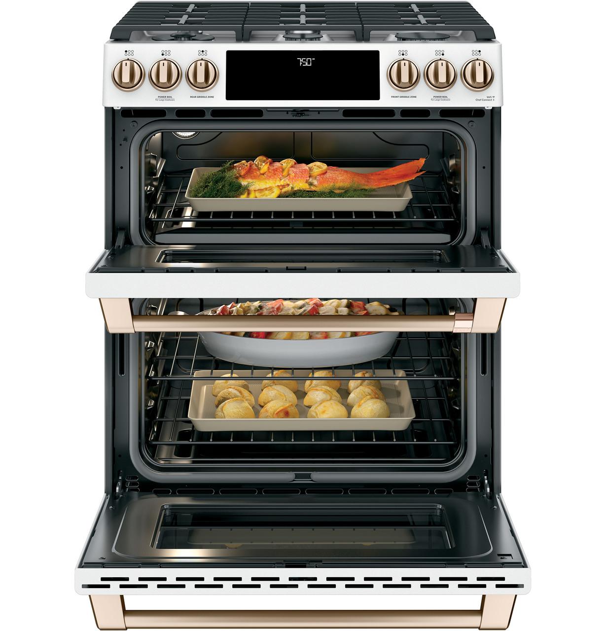 Cafe Caf(eback)™ 30" Smart Slide-In, Front-Control, Gas Double-Oven Range with Convection