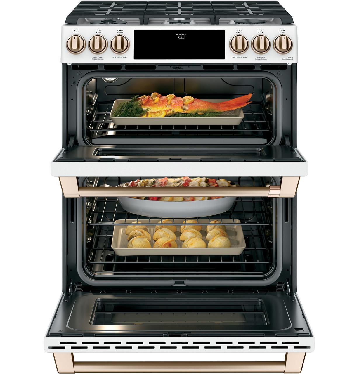 Cafe CGS750P4MW2 CAF(EBACK)™ 30" Smart Slide-In, Front-Control, Gas Double-Oven Range with Convection