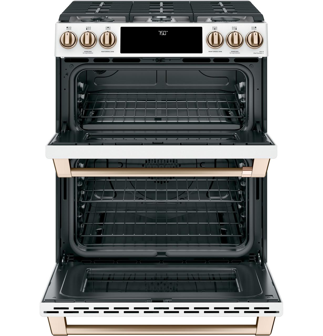 Cafe Caf(eback)™ 30" Smart Slide-In, Front-Control, Gas Double-Oven Range with Convection