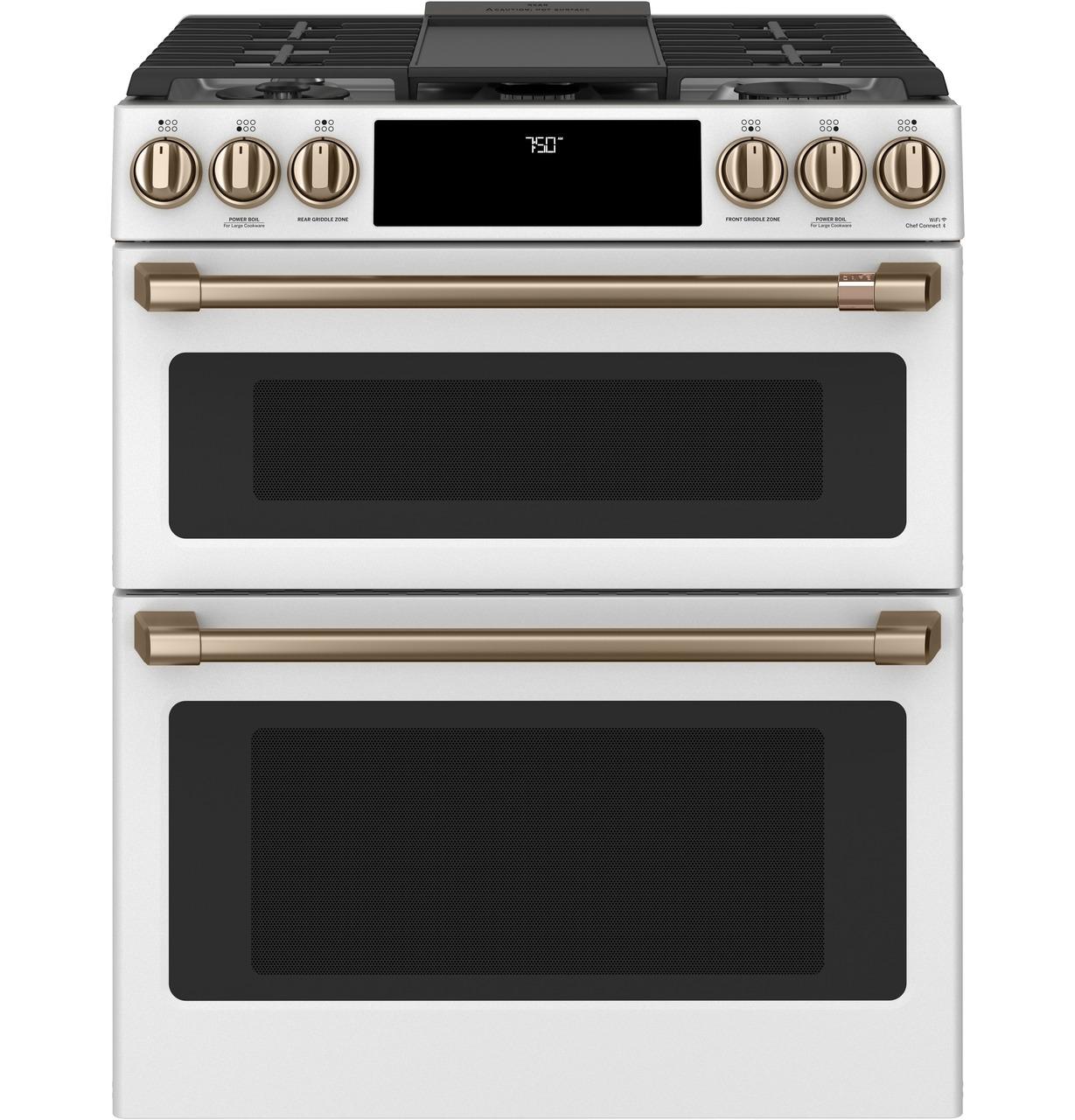 Cafe Caf(eback)™ 30" Smart Slide-In, Front-Control, Gas Double-Oven Range with Convection