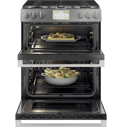 Caf(eback)™ 30" Smart Slide-In, Front-Control, Dual-Fuel, Double-Oven Range with Convection in Platinum Glass