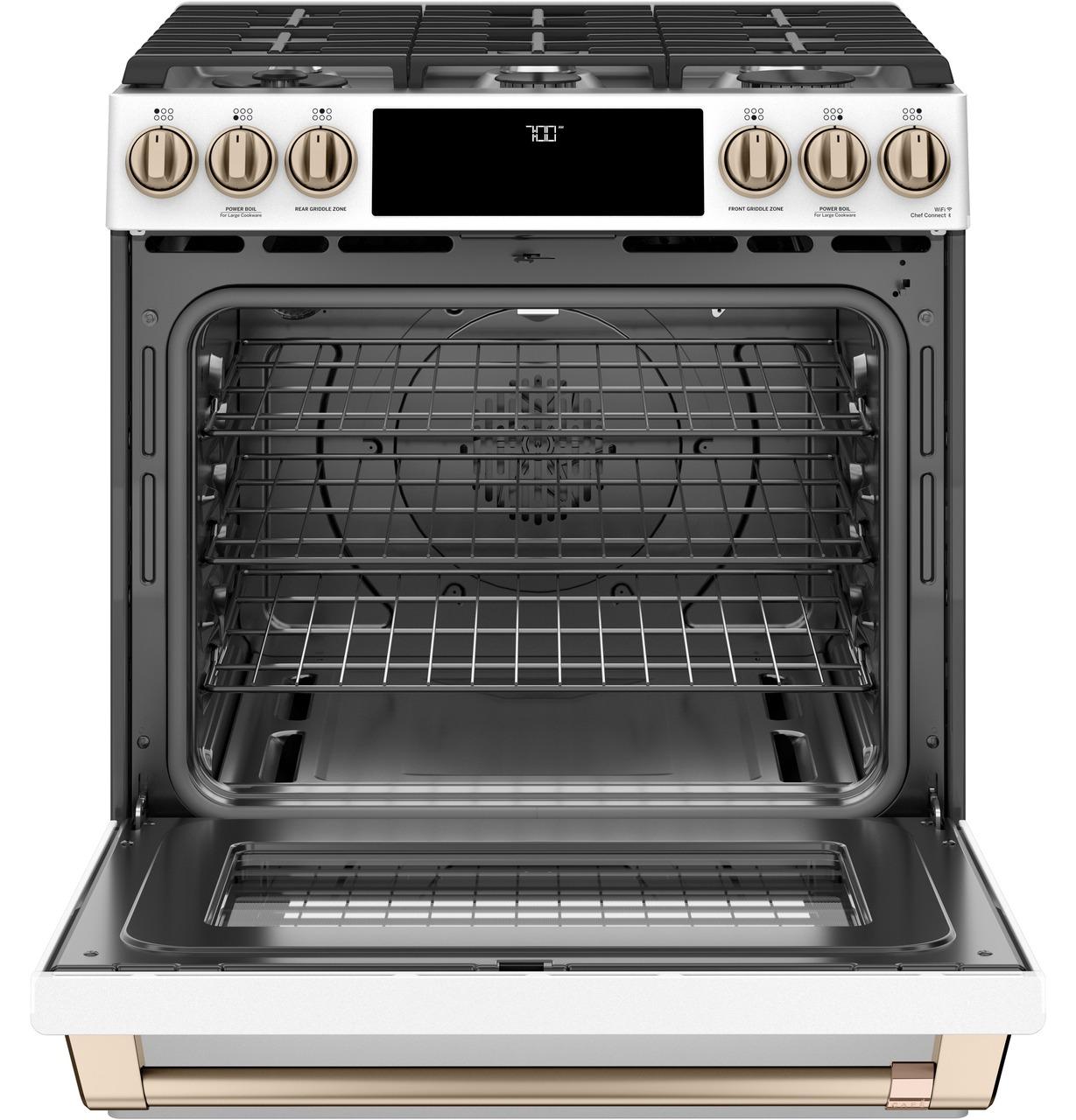 Cafe Caf(eback)™ 30" Smart Slide-In, Front-Control, Gas Range with Convection Oven