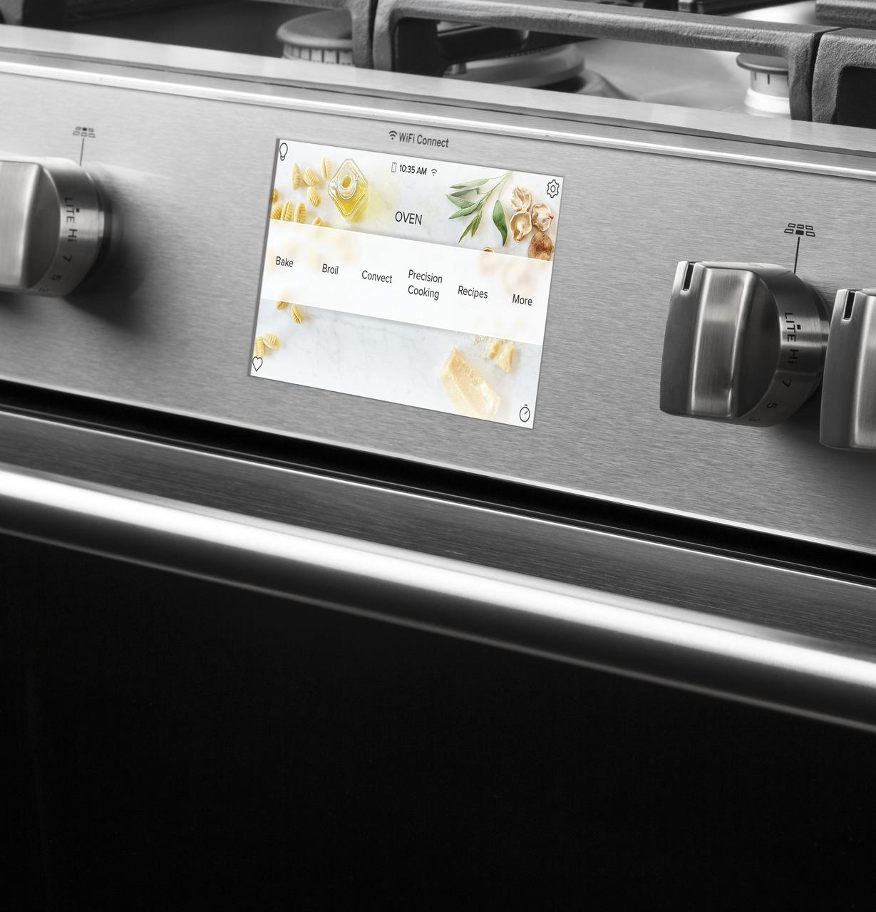Caf(eback)™ 30" Smart Slide-In, Front-Control, Dual-Fuel, Double-Oven Range with Convection in Platinum Glass