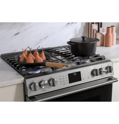 Cafe CGS700M2NS5 CAF(EBACK)™ 30" Smart Slide-In, Front-Control, Gas Range with Convection Oven in Platinum Glass