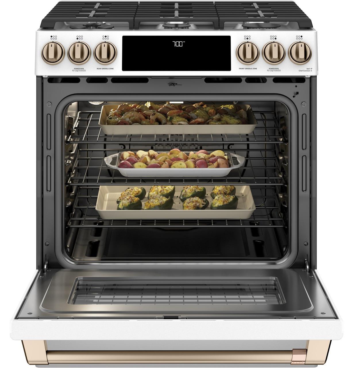 Cafe Caf(eback)™ 30" Smart Slide-In, Front-Control, Gas Range with Convection Oven